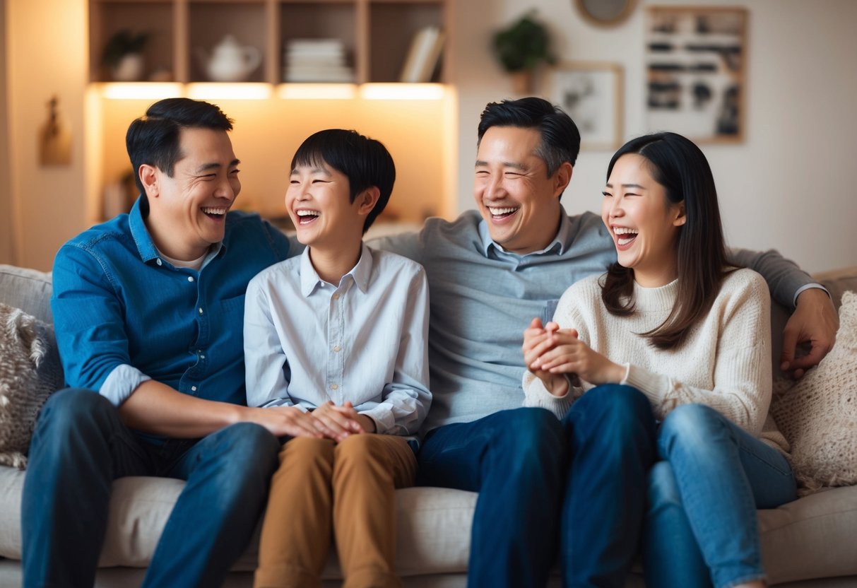 A family of four sits together on a cozy couch, surrounded by soft, warm lighting. Laughter fills the room as they share genuine, joyful smiles