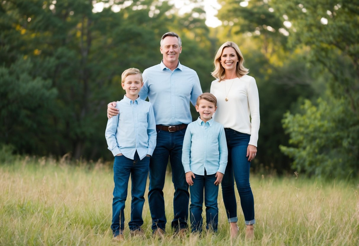 A family of four stands in a natural setting, smiling and looking at the camera. They are arranged in a relaxed, natural pose, with the parents standing slightly behind the children