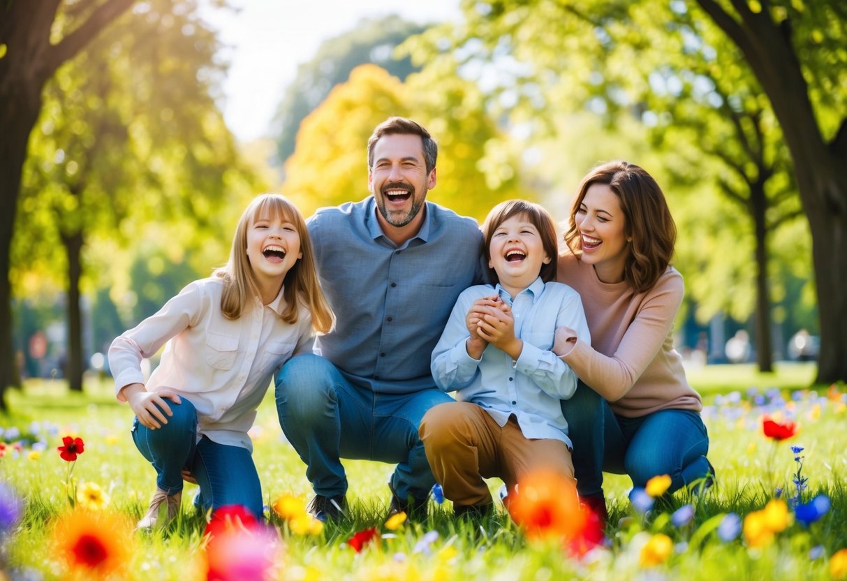 A family of four laughing and playing together in a sunlit park, surrounded by colorful flowers and trees