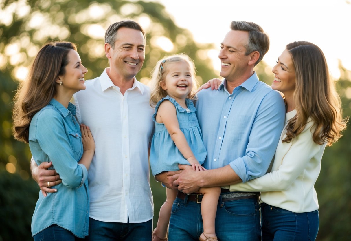 A family of four stands close together, smiling and laughing naturally. They are positioned in a way that flatters their figures and creates a sense of warmth and connection