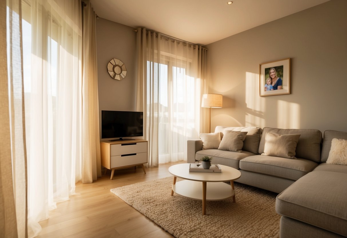 A cozy living room with soft, natural light filtering through sheer curtains, casting a warm glow on a family portrait hanging on the wall