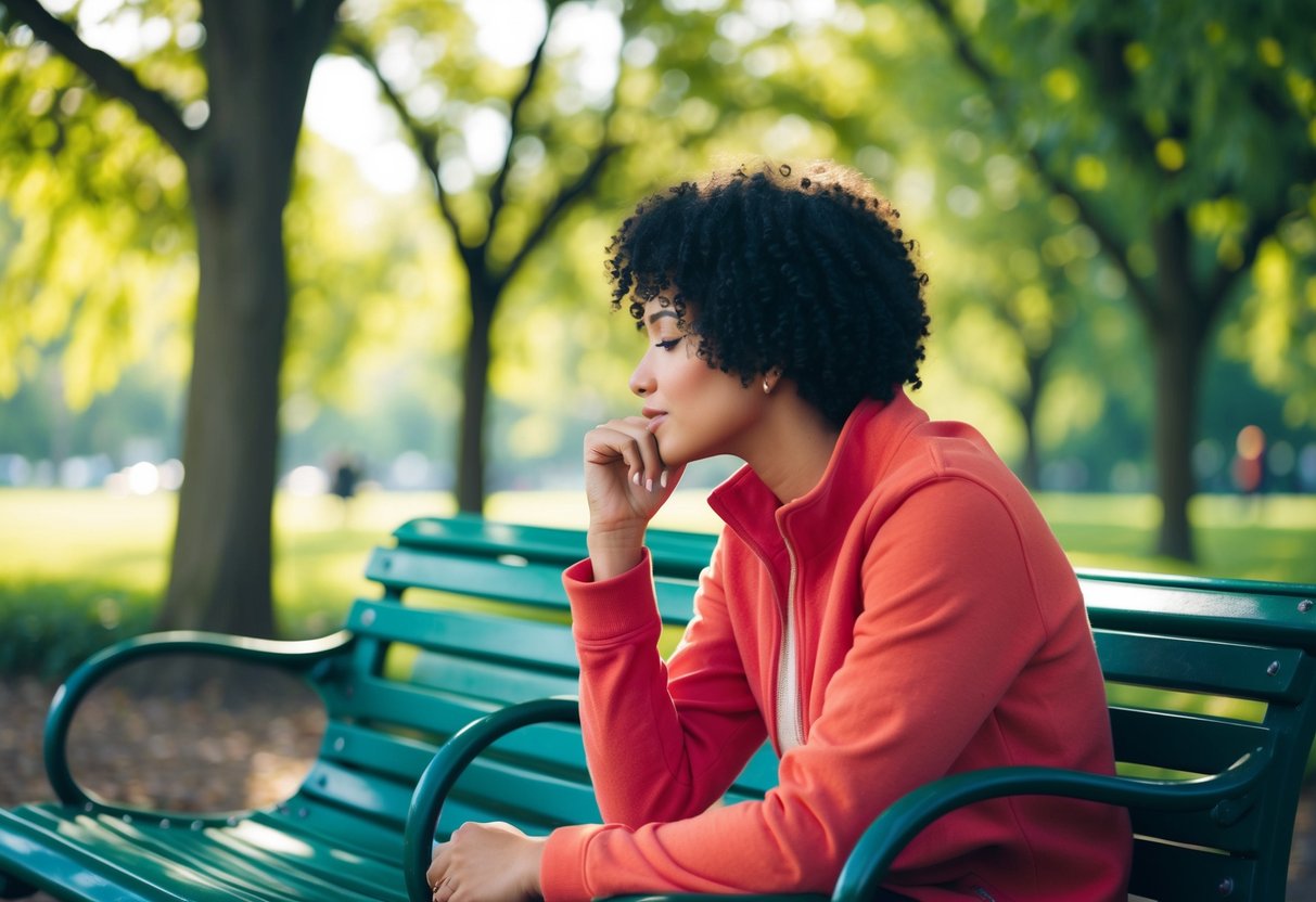 A person sitting on a park bench, lost in thought, surrounded by vibrant foliage and soft sunlight filtering through the trees