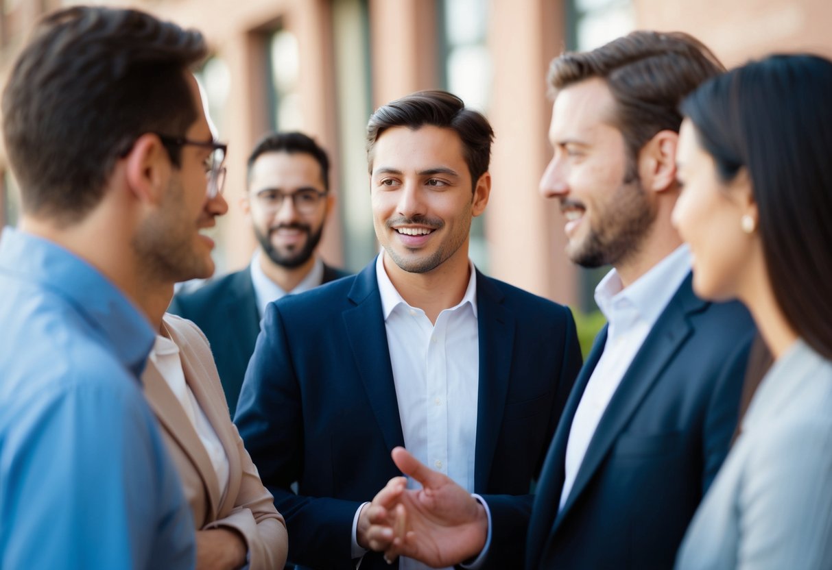 A group of people engaged in conversation, with one person in focus and the others blurred in the background