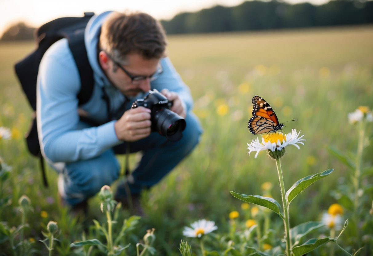 A photographer crouching in a field, capturing a candid moment of a butterfly resting on a flower with a soft, blurred background of nature