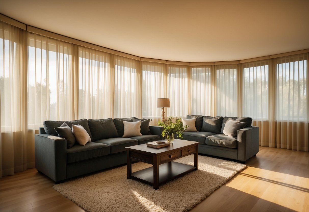 A cozy living room with soft, diffused natural light streaming in through large windows, casting gentle shadows and creating a warm, inviting atmosphere