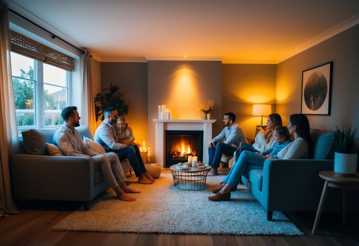 A cozy living room with warm artificial light illuminating a family gathered around a fireplace, creating a relaxed and intimate atmosphere