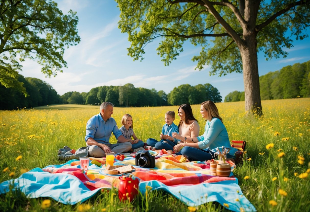 A family picnic in a sunlit meadow, with a colorful blanket spread out and a camera, surrounded by trees and a clear blue sky