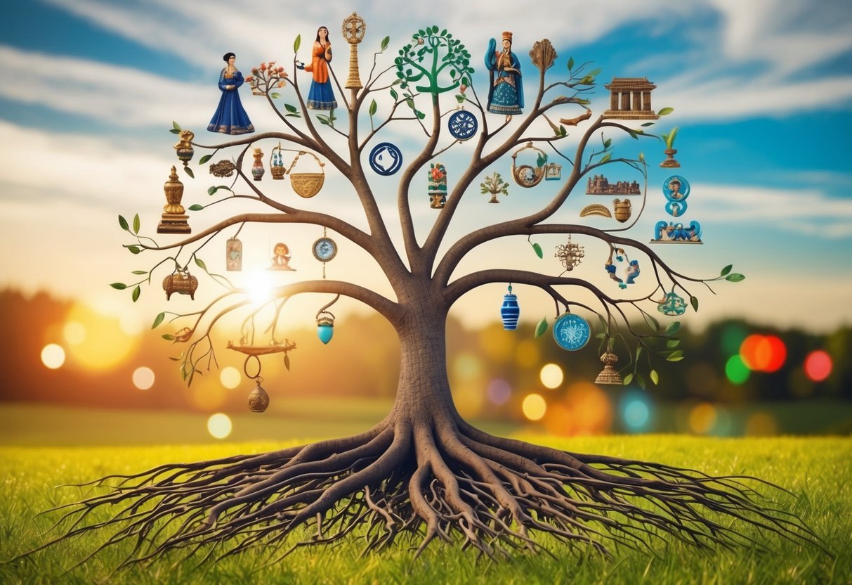 A family tree with roots intertwining with cultural symbols and artifacts