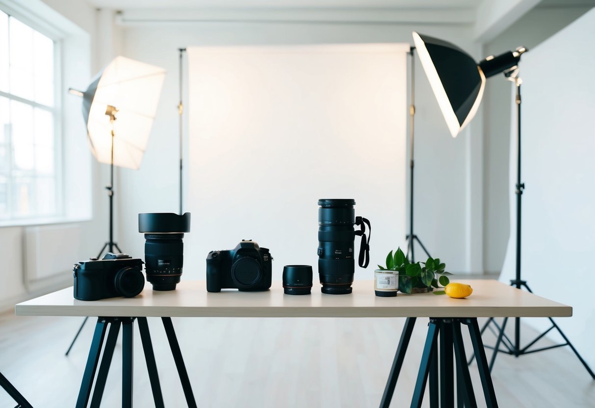 A table with a camera, tripod, lenses, and lighting equipment set up in a bright, spacious room with a backdrop and props