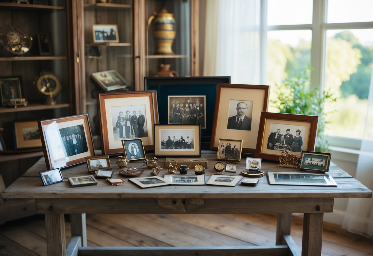 A family heirloom collection displayed on a rustic wooden table, surrounded by vintage photographs and cultural artifacts, with soft natural light streaming in from a nearby window