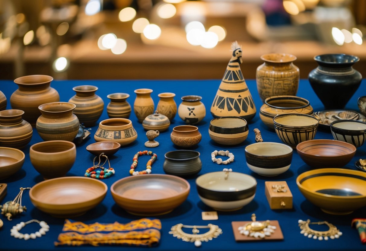 A table displaying various ancestral artifacts from different cultures, including pottery, jewelry, and textiles, arranged in a visually appealing manner