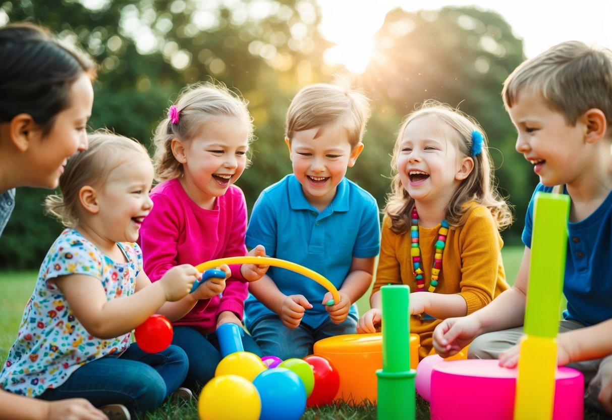 A group of children playing with colorful props and laughing while a photographer captures their joyful interactions