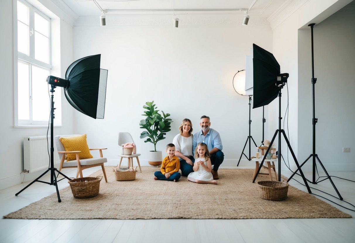 A family photo session setup with a camera, tripod, lighting equipment, and props arranged in a bright and inviting space