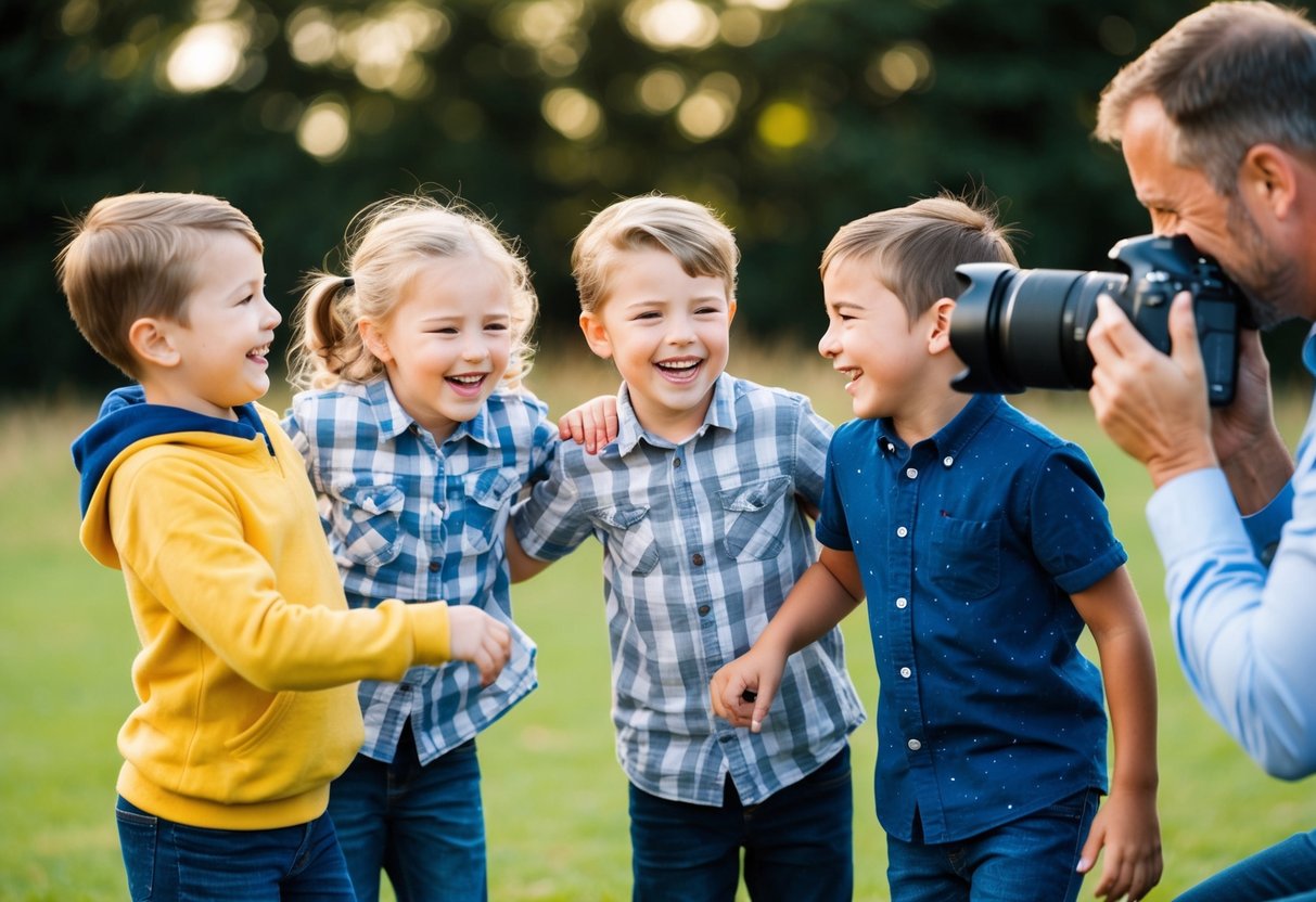 A group of kids playfully interact with each other, laughing and smiling, while a photographer captures the perfect shots during a family photo session