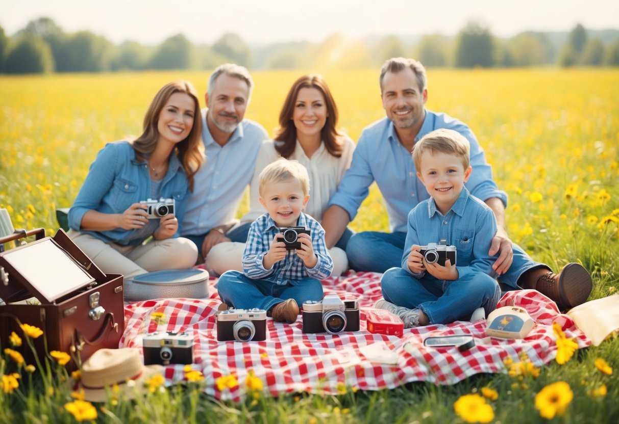 A family picnic in a sunlit meadow with a vintage camera and props scattered around