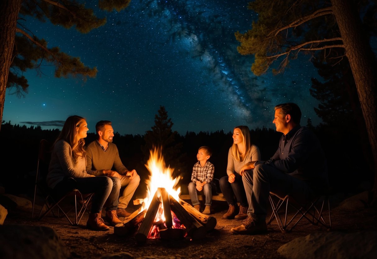 A family sits around a campfire at night, surrounded by trees and illuminated by the warm glow of the flames. The stars twinkle overhead, creating a peaceful and intimate atmosphere