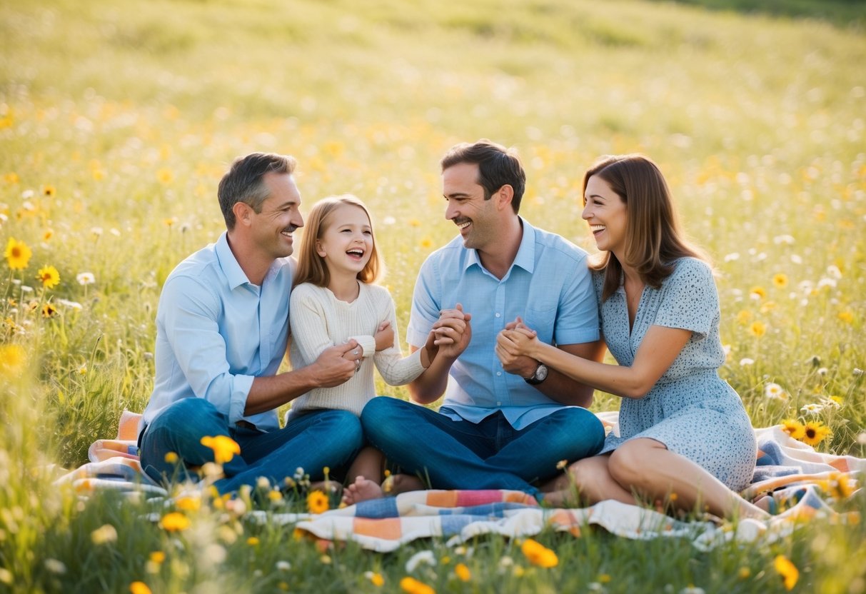 A family of four sits on a blanket in a sunlit meadow, surrounded by wildflowers. They are holding hands and laughing together