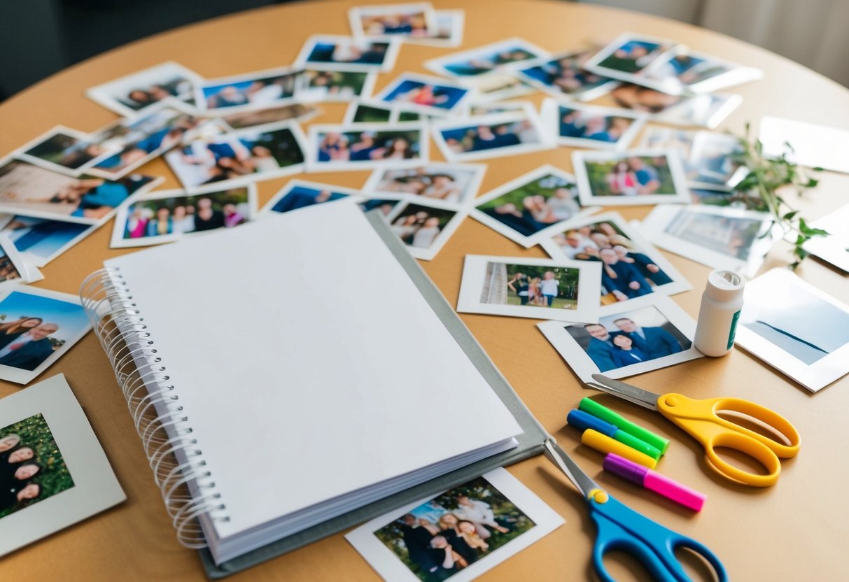 A table covered with family photos, scattered next to a blank storybook album. A pair of scissors, glue, and colorful markers are ready for use