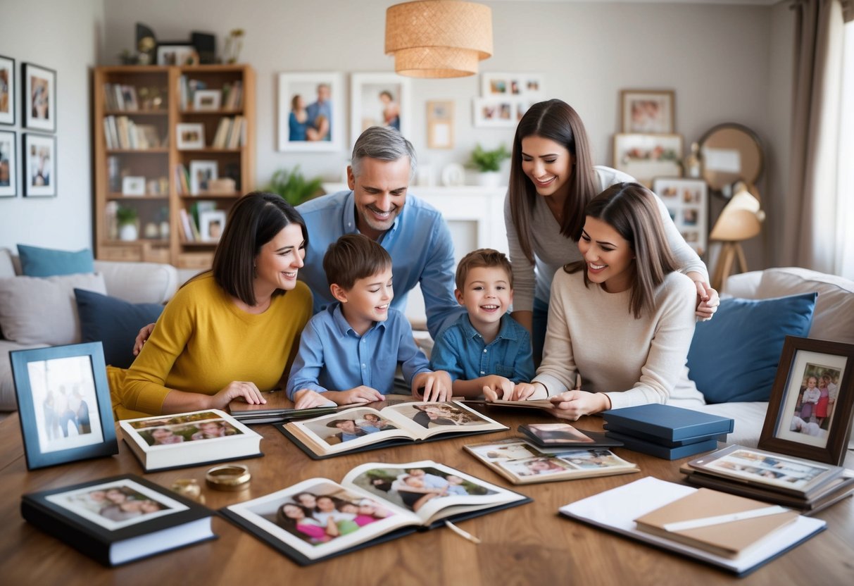 A family sitting together in a cozy living room, surrounded by photo albums, scrapbooks, and framed pictures. They are smiling and reminiscing as they plan their family photo keepsake project