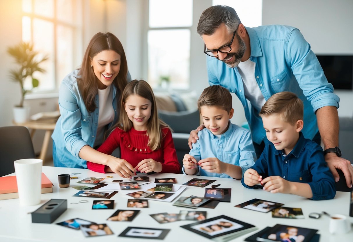 A family of four gathered around a table, surrounded by photos and crafting materials, creating personalized photo gifts