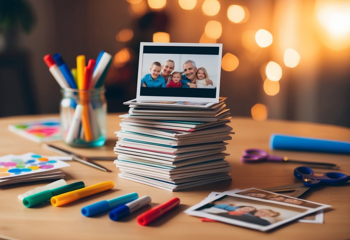 A stack of family photos arranged on a table, surrounded by colorful markers, scissors, and adhesive. A warm, cozy atmosphere with soft lighting