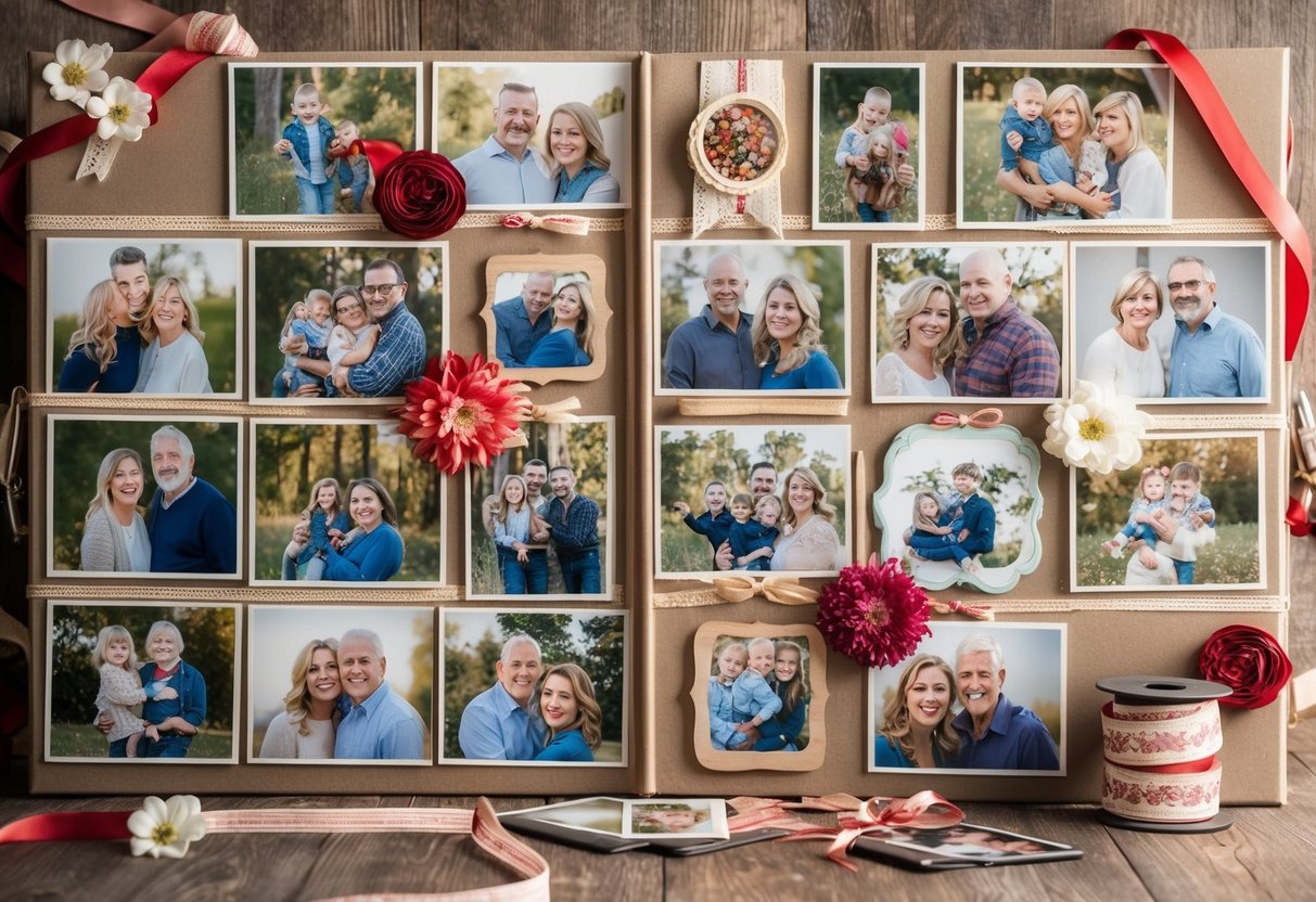 A collection of family photos arranged in a chronological order, with decorative elements such as ribbons, flowers, and other embellishments to create a cohesive storybook album